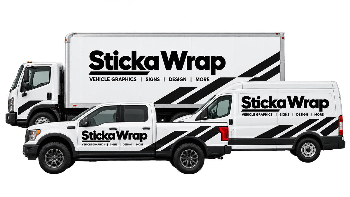 A box truck, pickup truck and van all sharing the same StickaWrap fleet branding